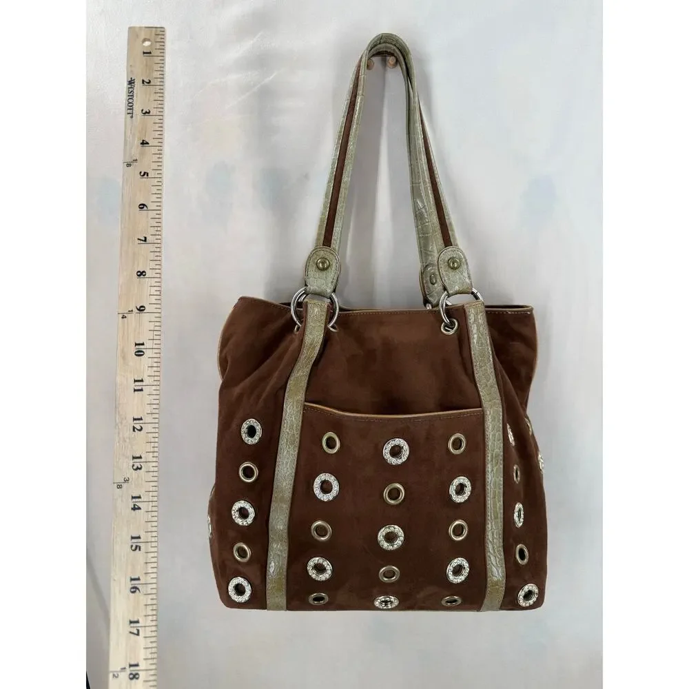 Vintage Y2K Kathy Van Zeeland Brown Faux Suede Grommet Tote Bag